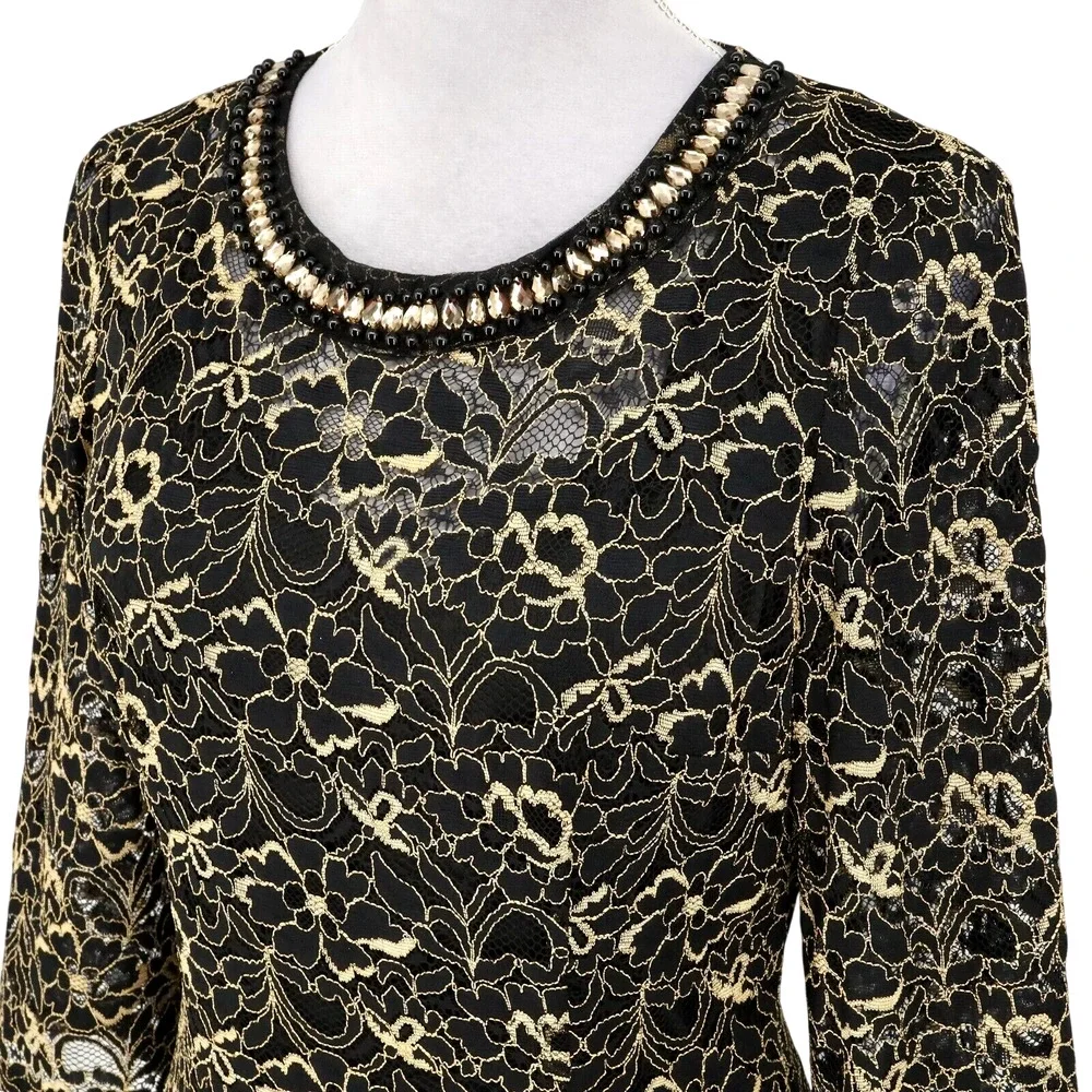 Liz Claiborne Dress Womens 6 Black Gold Lace Rhinestones Lined Formal New
